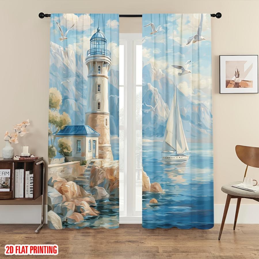 2PCS Digital Printed Curtains, Island Lighthouse Ocean Coastal Seaside, Modern Home Decor Style for Living Room Bedroom Decor