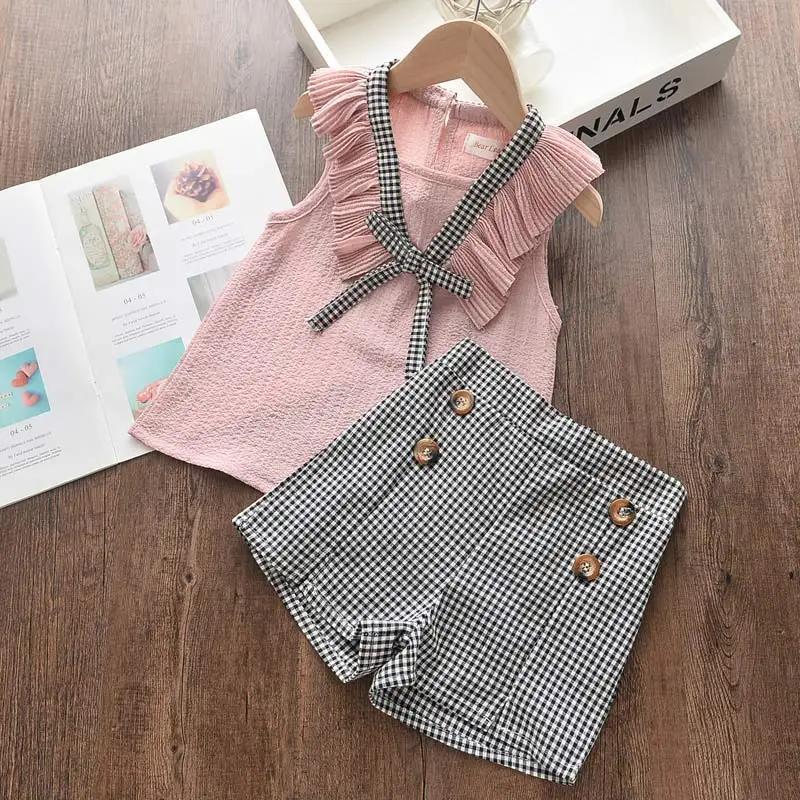 Girls Clothing Sets  Summer Kids Clothes Floral Chiffon Halter+ Embroidered Shorts Straw Children Clothing