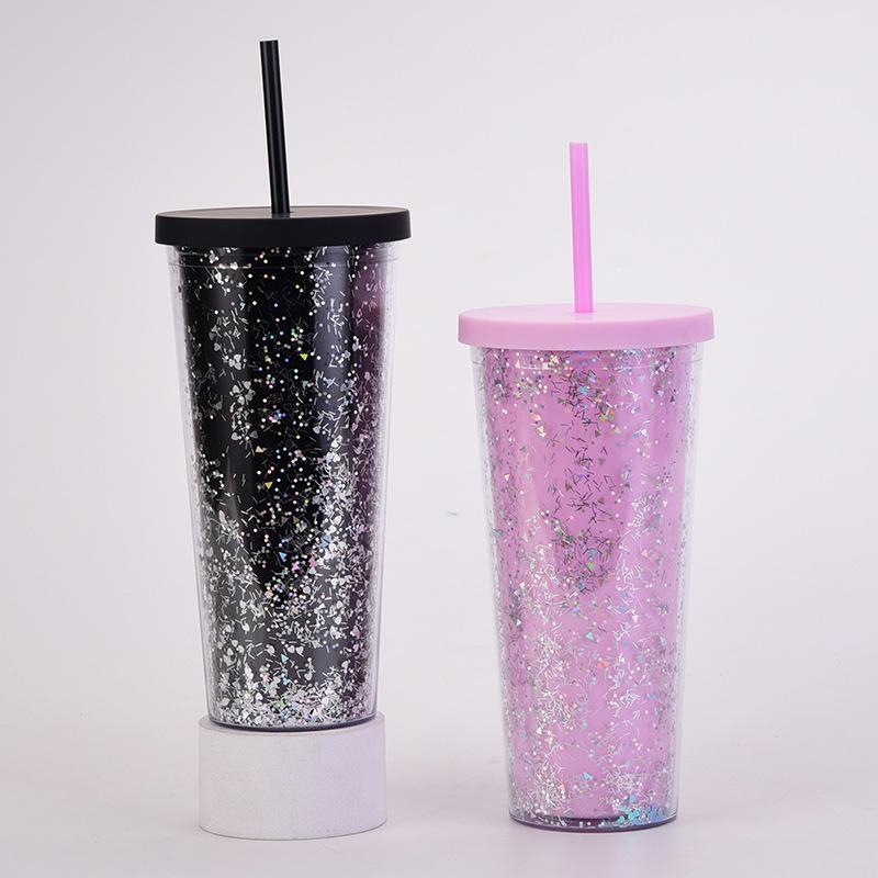 24Oz Double-Layer Plastic Cup Men'S And Women'S Sequined Shallots Glitter Creative Water Cup With Straw
