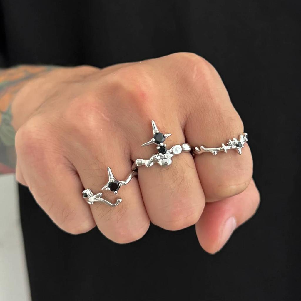 Salircon 3Pcs/set Fashion Silver Color Star Open Rings Women Men Punk Metal Geometric Adjustable Finger Ring Couple Jewelry Gift