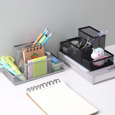 Wrought Iron Four-Compartment Desktop Stationery Organizer - Mesh Divided Pen Holder