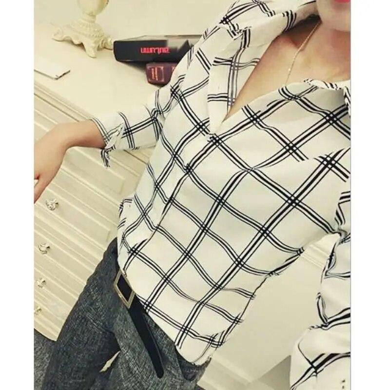 

Женская элегантная шифоновая блузка с длинным рукавом и клетчатым принтом с лацканами