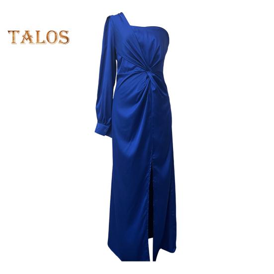 Lady Evening Dress One Shoulder Sleeveless Split Hem Solid Color Slim Waist Pleated Solid Color Off Shoulder Prom Cocktail Party Maxi Dress Ball Gown