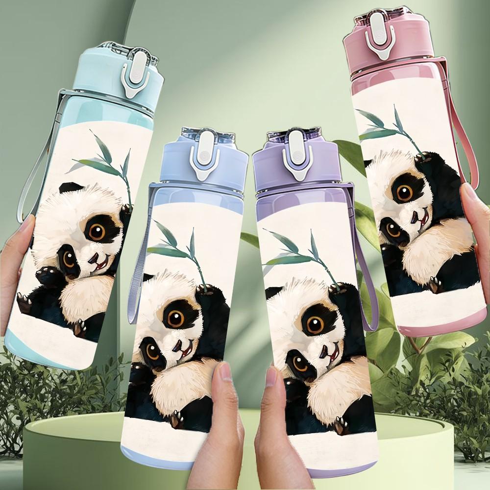 1PC Ink Wash Painting Panda Bamboo Pattern 750ml Color Plastic Sports Water Bottle Leakproof Flip Straw Lid Suitable for Sports Office Home Use