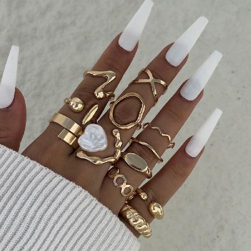 Design Geometric Baroque Pearl Ring Alloy Flower Dripping Branch Ring Set