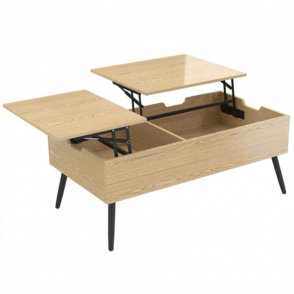 Lift-Top Coffee Table, Double Top, Hidden Compartment, Metal Legs, Natural Wood