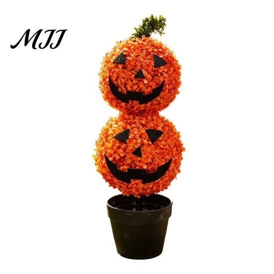 Outdoor Fall Yard Decorations Artificial Pumpkin Topiary Tree, Halloween Face Faux Boxwood Plants with Stake, Decorative Orange Autumn
