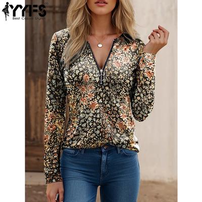 Women's Fashion Casual Spring Fall Flower Pattern Print Long Sleeve V Neck Blouses & Shirts