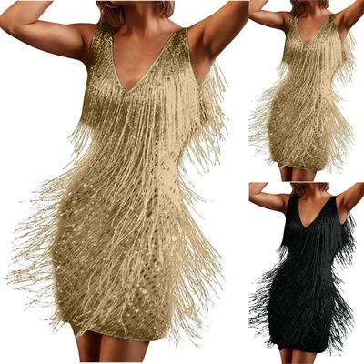 Kadınlar İçin Seksi V Yaka Arkası Açık Vücuda Oturan Elbise 2024 Yaz Püsküllü Kulüp Parti Mezuniyet Mini Elbise Zarif Flapper Elbise Vestidos