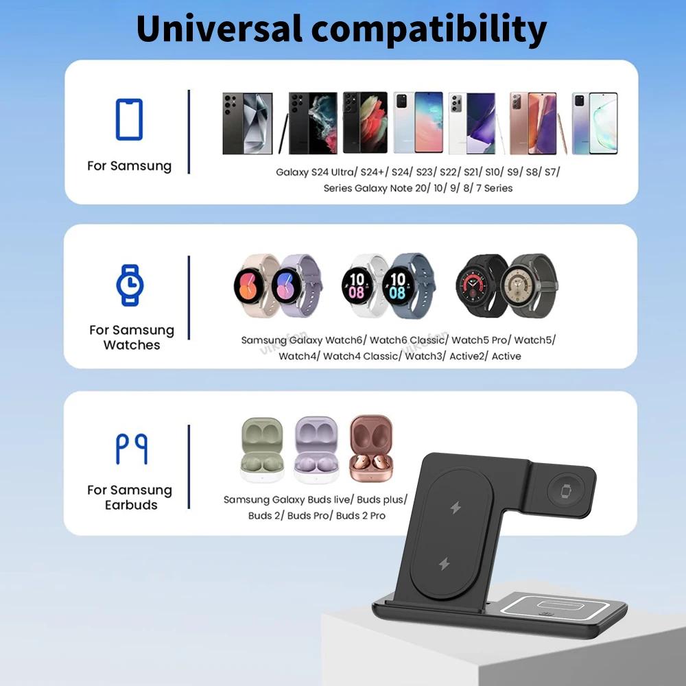 3 In 1 LED Light Foldable Wireless Charger Stand For Samsung S24 S23 Galaxy Watch 2-8 Active 1 2 Buds Pro Fast Charging Station