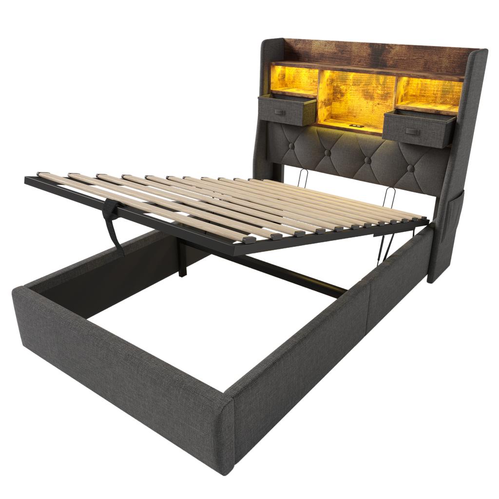Lit rembourré 90x200 cm avec rangement hydraulique et tête de lit LED, 4 stations de recharge, sommier à lattes pour lit simple, tissu lin gris (Sans matelas)