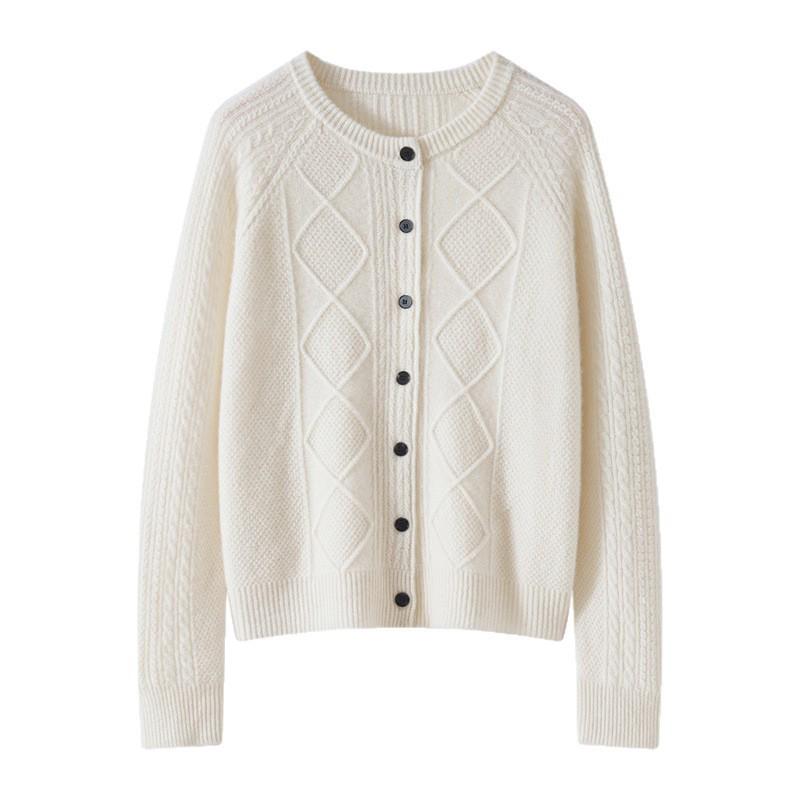 26 Autumn/Winter Women's Cashmere Blend Round Neck Cardigan - Osmanthus Stitch Thick Knit Sweater