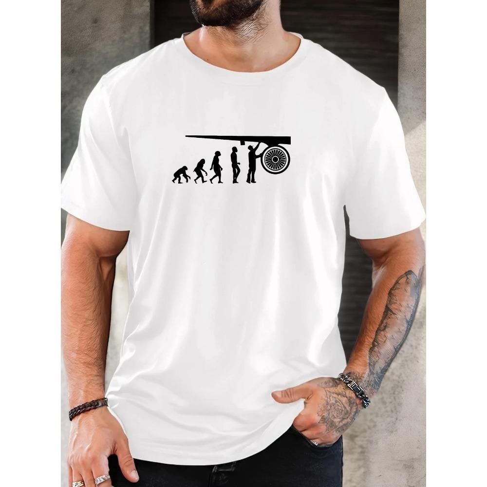 Male Human Evolution and Cannon Pattern Summer Casual Crew Neck Short T-Shirt