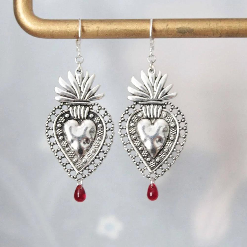 Exaggerate Fashion Heart-shaped Hollowing Red Dripping Blood Oath Dangle Earrings for Women Retro Ethnic Jewelry Accessory Gifts