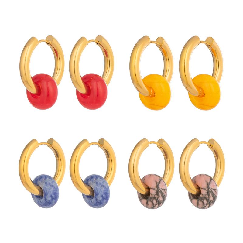 1 Pair Gold Plated Hoop Earrings with Colorful Natural Stone Pendants for Women Daily Casual Wear Fashion Jewelry