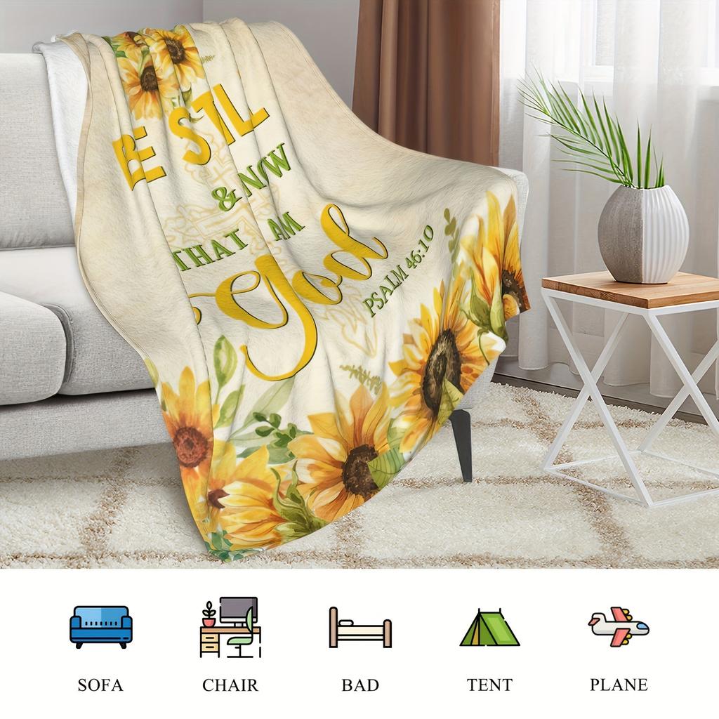[Inspirational Blanket] Soft Inspirational Sunflower Flannel Blanket | 1pc Throw with Psalm 46:10 Verse - Cozy & Tear-Resistant