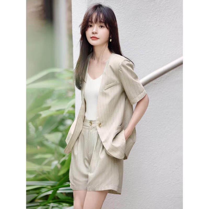 Women's Linen Stripe Short Sleeve Suit Set