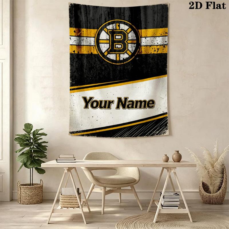 Name Custom Boston Bruins Logo Wall Tapestry Aesthetic Wall Hanging Printed Fabric Blanket Decorative Tapestries for Bedroom Living Room Home Decor