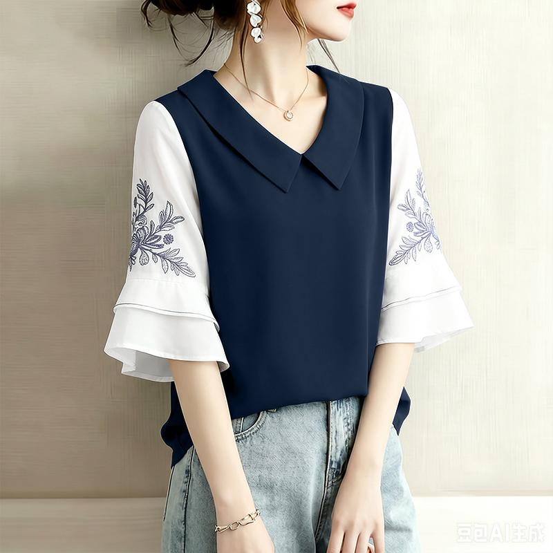 ZANZEA Women Casual Turn Down Collar Print Splice Half Sleeve Loose Blouse S темно-синий