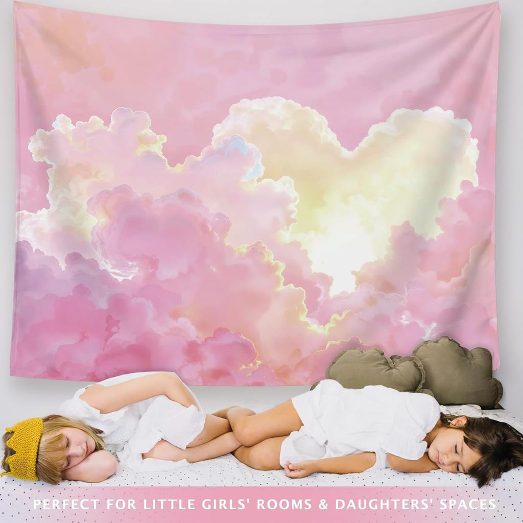 Preppy Pink Cloud Tapestry Wall Hanging, Preppy Room Decor, Pink Clouds Natural Landscape Aesthetic Wall Blanket Decor For Home
