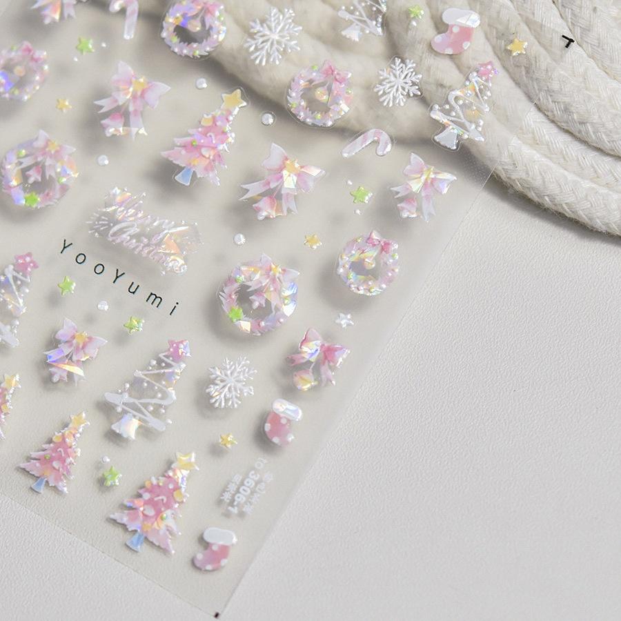 Cute Animals Bear Dog Cake Sweet Cherry Grid Bowknot Star Line Fruit Relief Self Adhesive Nail Art Stickers 5D Manicure Decals