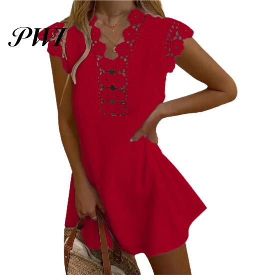 Lace Dress Women Hollow Out Summer Flower Pattern A-Line for Daily Wear Mini