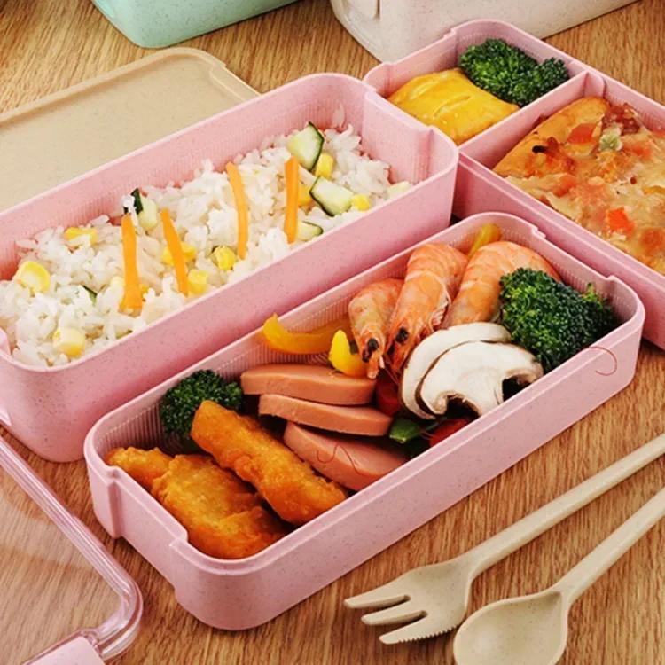 Lunchbox aus gesundem Material, 3-lagige Bento-Boxen aus Weizenstroh, mikrowellengeeignetes Geschirr, Vorratsbehälter für Lebensmittel, Lunchbox, 900 ml