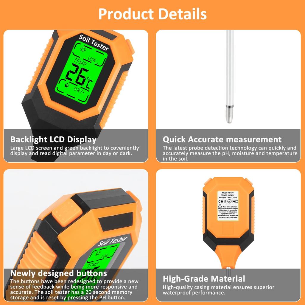 4 in 1 soil instrument illumination tester acid alkalinity meter PH moisture humidity digital display backlight test tester