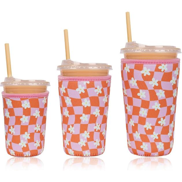 Reble Ulated Neoprene Iced Coffee Cup Sleeve, Durable Drink Sleeve for Cold Beverages, Beverage Holder for Iced Coffee, Floral Checkers