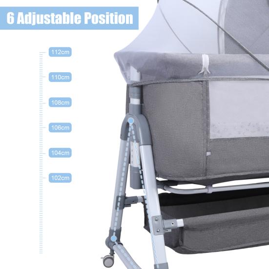 Bedside Crib Baby Crib, 3 In 1 Bassinet with Large Curvature Cradle, Foldable Height Adjustable Bassinet, Movable Beside Mosquito Net (Grey)