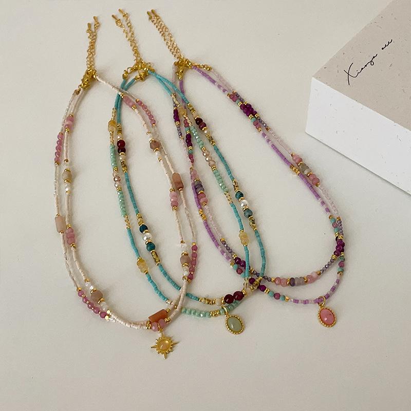 Retro Ethnic Style Colored Natural Stone Beaded Necklace Women'S Light Luxury High Sense Elegant Versatile Neck Chain Collarbone Chain