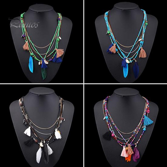 Women's Boho Ethnic Style Feathers Tassels Beads Multi-layer Chain Necklace