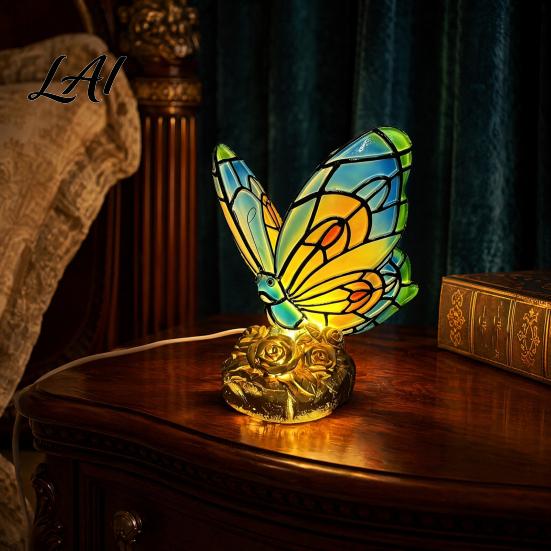 Colored Flakes Butterfly Lamp Cute Bedside Table Lamp Rose Nightstand Lamps Stained