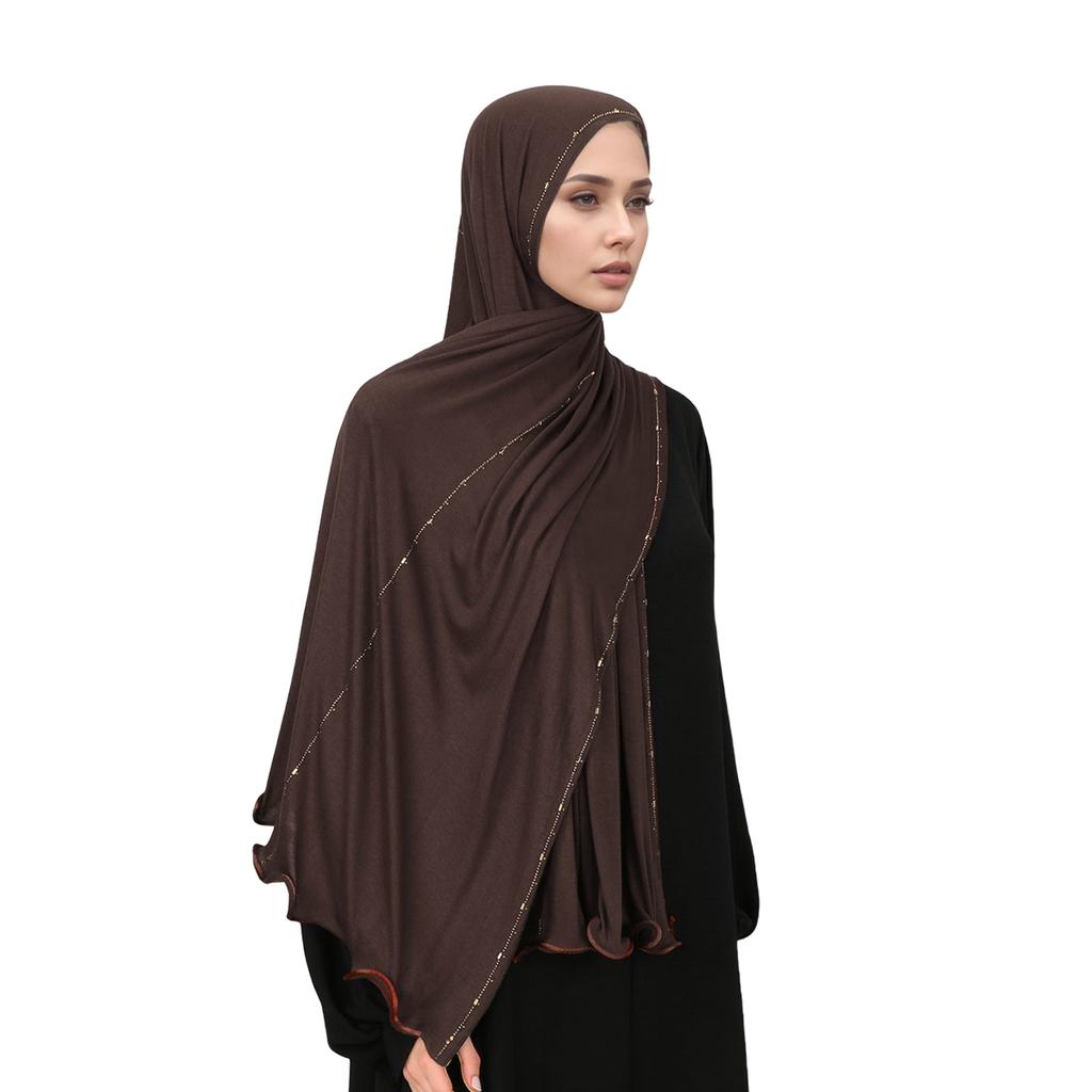 Muslim Jersey Hijab Scarf With Beads Rhinestones Shimmer Headscarf Women Premium Jersey Shawl Luxury Design Turban Plain Wraps