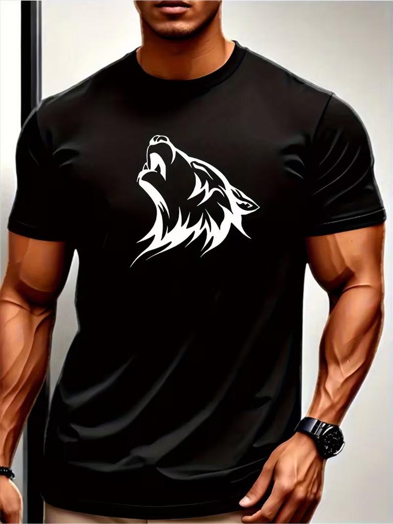 Elastic Breathable Fabric Unisexs Black Wolf Head Pattern Tshirt Round Neck Short Sleeve Casual Sports Shirt With White Wolf