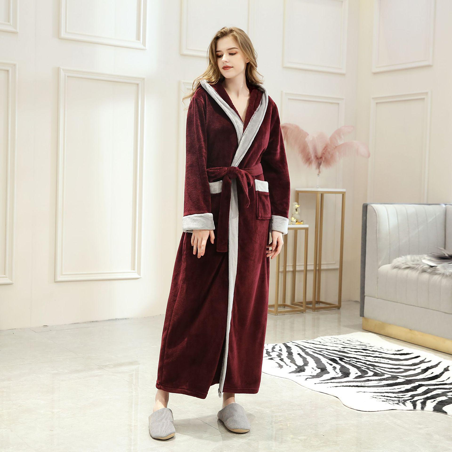 Мужской и женский утолщенный фланелевый халат с капюшоном - осенне-зимний коралловый флис L (60-80kg)