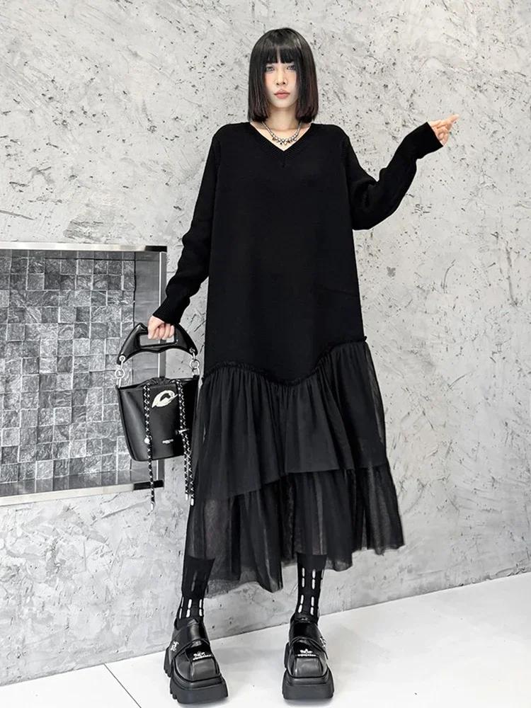 

XITAO сетчатые лоскутные трикотажные женские платья GYX1057 One Size чёрный