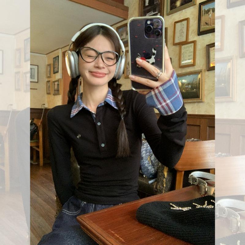 Spring Autumn Plaid Patchwork Fake Two Pieces Tee Women Long Sleeve Polo-neck All-match Pullover T-shirt Top