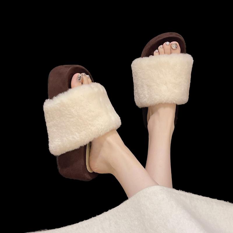New Women's Fashion Slippers Round Toe Platform Sole High Heels One-line Fur Slippers Outdoor Fashion All-match Suede Flat Shoes