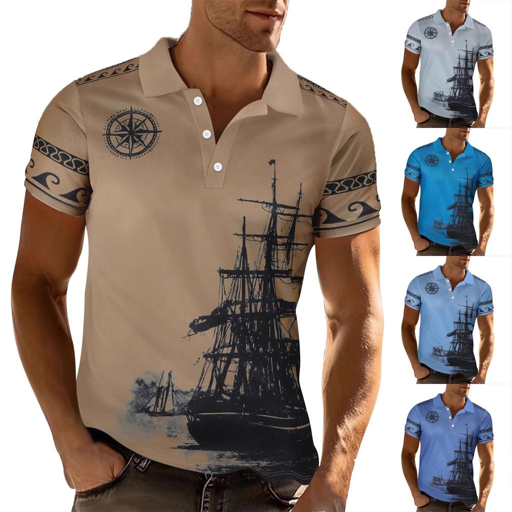 Men's Summer Sailing Pattern Short Sleeve Top With Collar Pocket Half Sleeve T-shirt