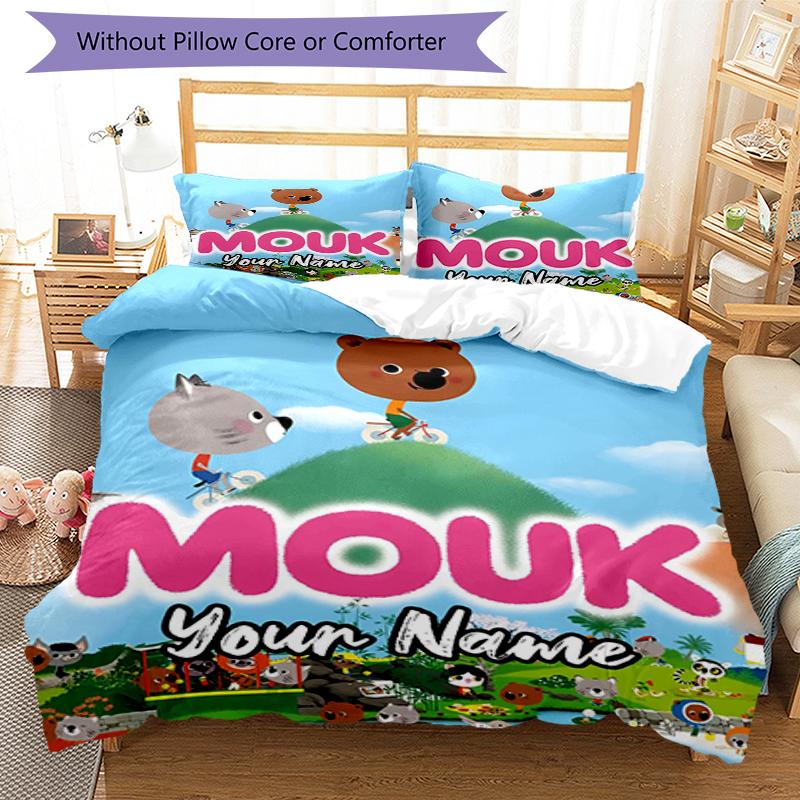 3pcs Custom Name Mouk Bedding Set Duvet Cover Closure Includes 1 Duvet Cover & 2 Pillowcases, Soft and Comfortable for All Seasons.