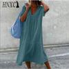 HNXC Women's Fashion Summer Spring Solid Color Print Short Sleeve V-Neck High Waist Casual Dresses