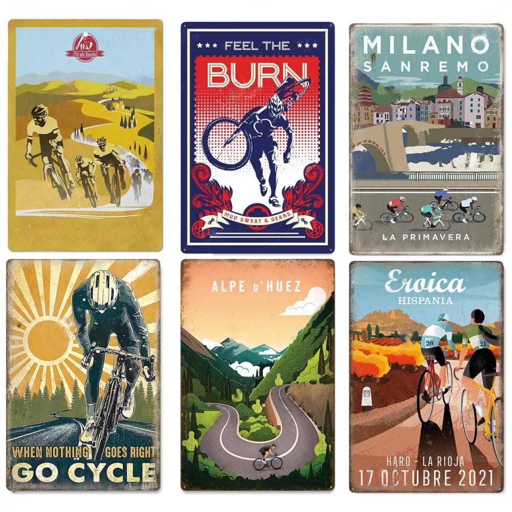 D Flat Metal Sign Vintage Cycling Sports Tin Sign Set Retro Bicycle Tour de France Racing Road Bike Wall Art Decor