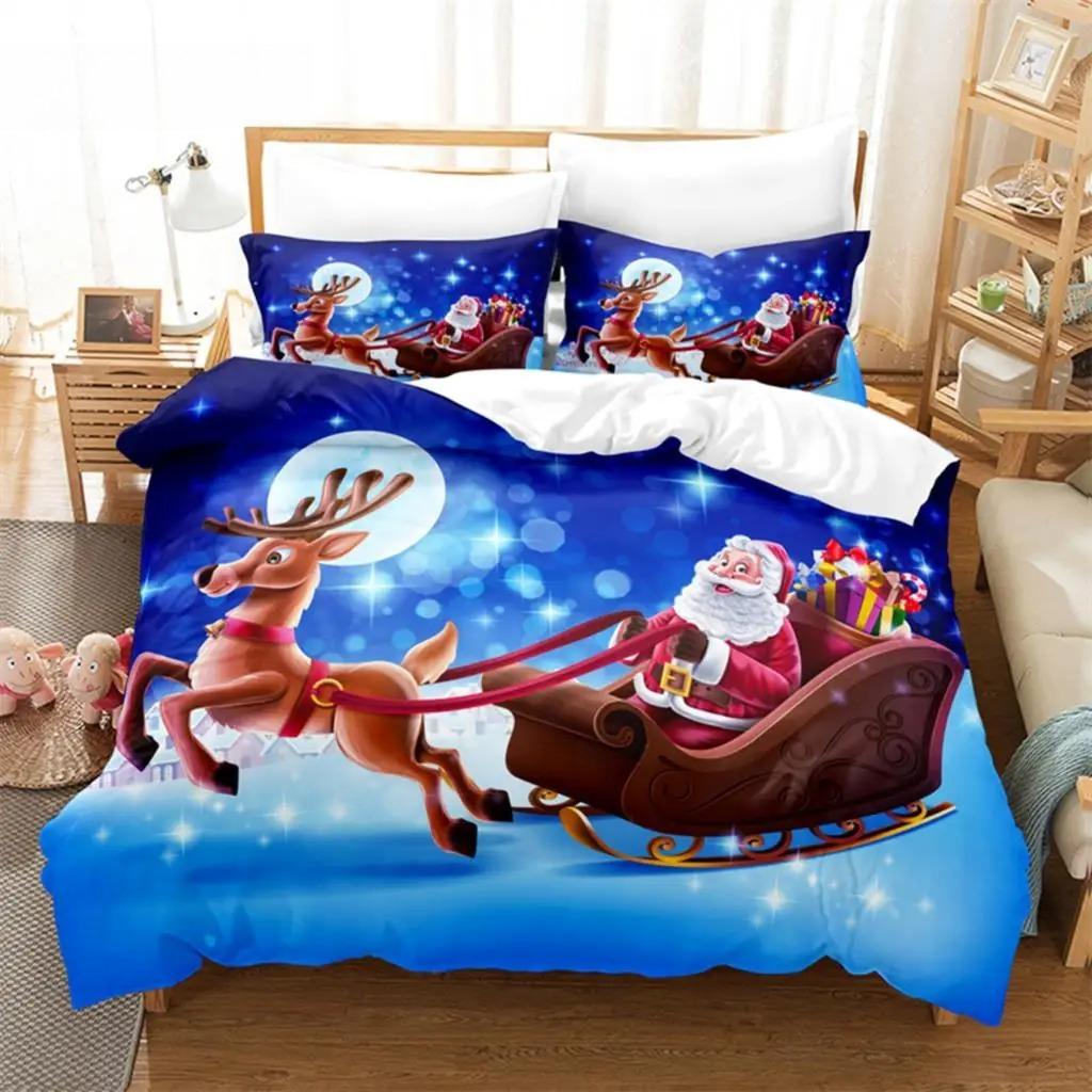 Weihnachts-Bettbezug-Set mit Weihnachtsmann-Motiv, Weihnachtsschlitten-Bettwäsche-Set, weich, bequem, atmungsaktiv, Bettbezug für Schlafzimmer und Gästezimmer