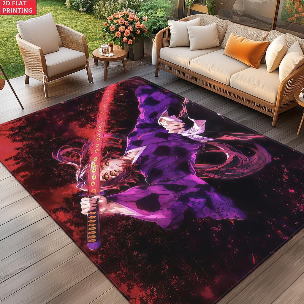 Anime Swordsman Area Rug, Purple Red Flame Theme  Floor Mat, Decorative Carpet for Gaming Room Bedroom, Washable Home Decor Gift
