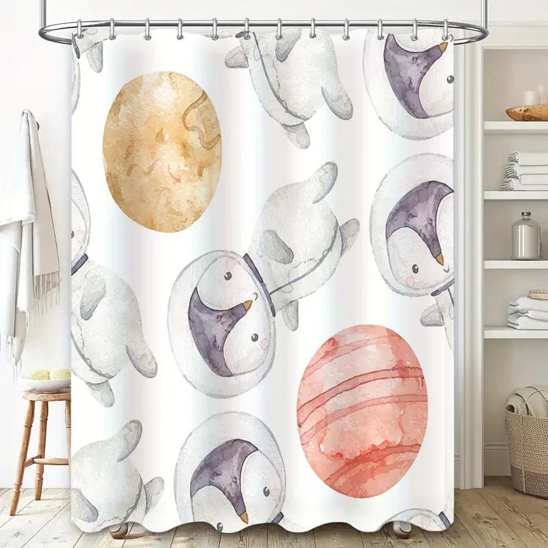 Space-themed Penguin Bath Shower Curtain Cute Outer Space Print for Kids Bathroom Decor White with Red Planet Design 3D Waterpro