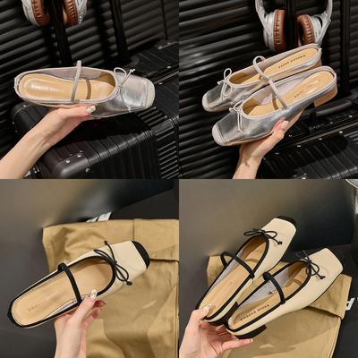Leather Ballet Shoes Women's Bow Cool Slippers Square Head Temperament Retro Summer Outer Wear Bag Head Single Shoes Half Slippers