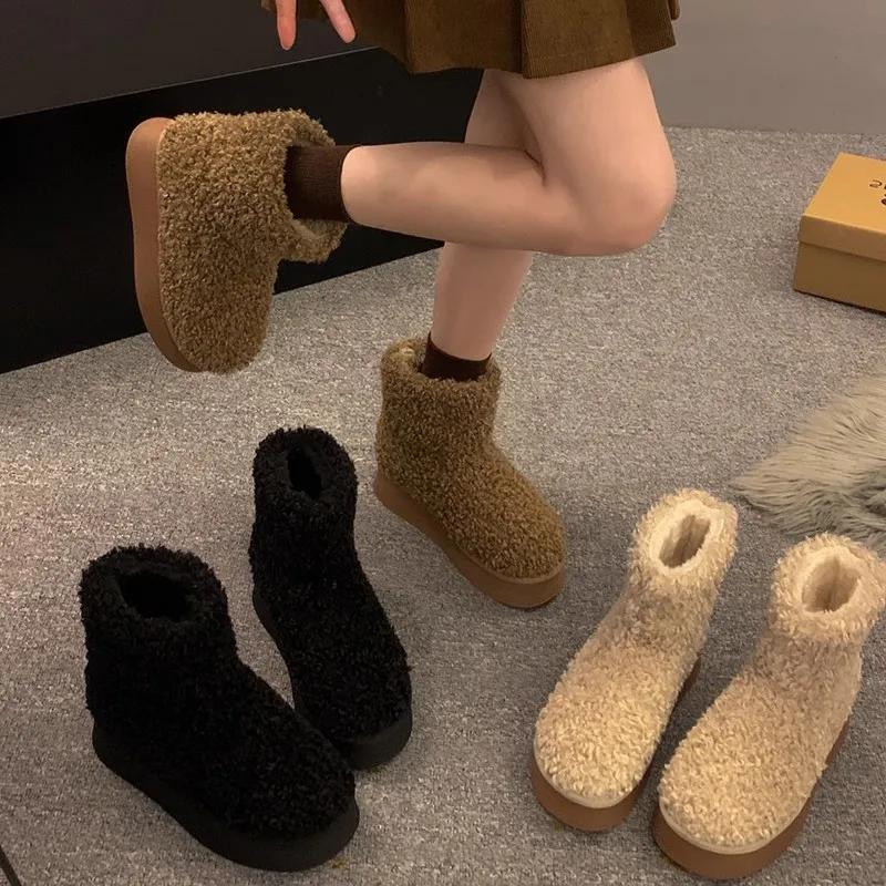 2024 Winter New Retro Thick Sole Woolen Velvet Snow Boots for Women Simple Cotton Boots