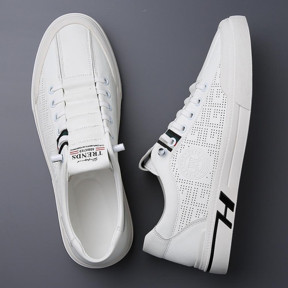 Mens Leather Casual Shoes Spring Summer Trendy Slip On Sneakers Breathable Hollow Out White Shoes
