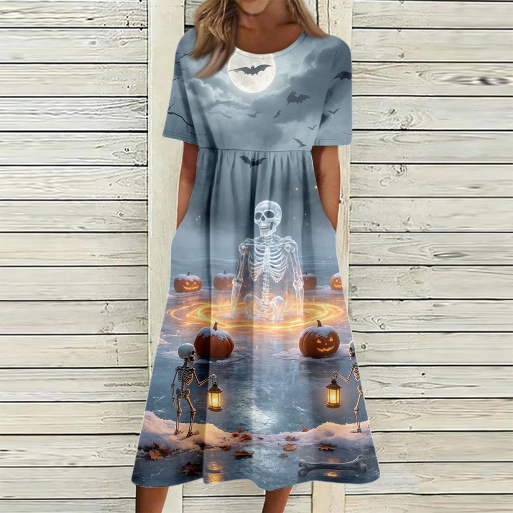 Damen Casual Halloween-Print Rundhalskleid mit Taschen